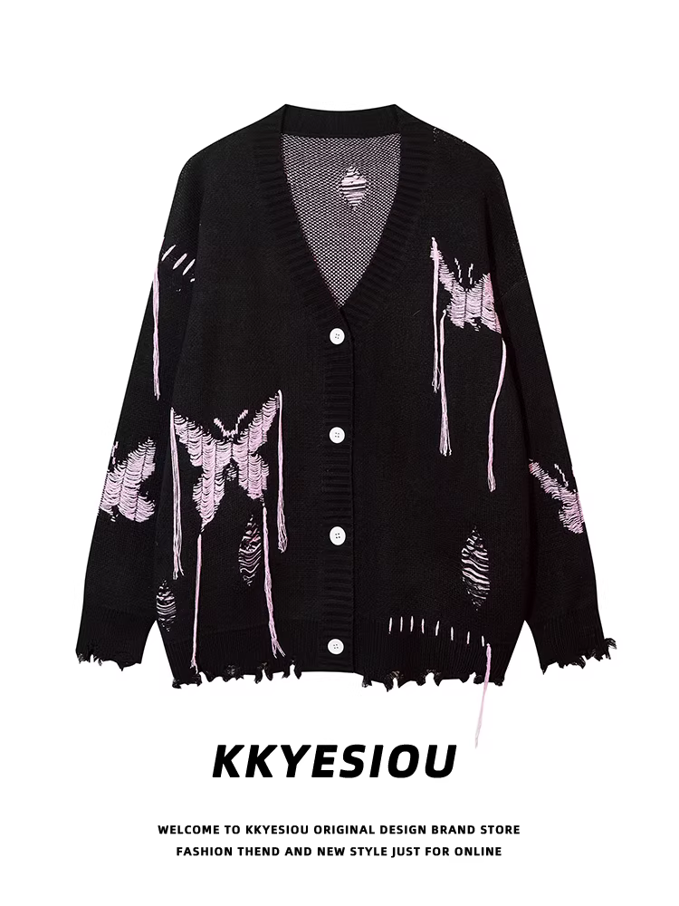 Áo len cặp đôi phong cách retro Mỹ, phối màu bướm, kiểu dáng lười, dáng rộng, chất liệu dệt kim, dành cho nam và nữ