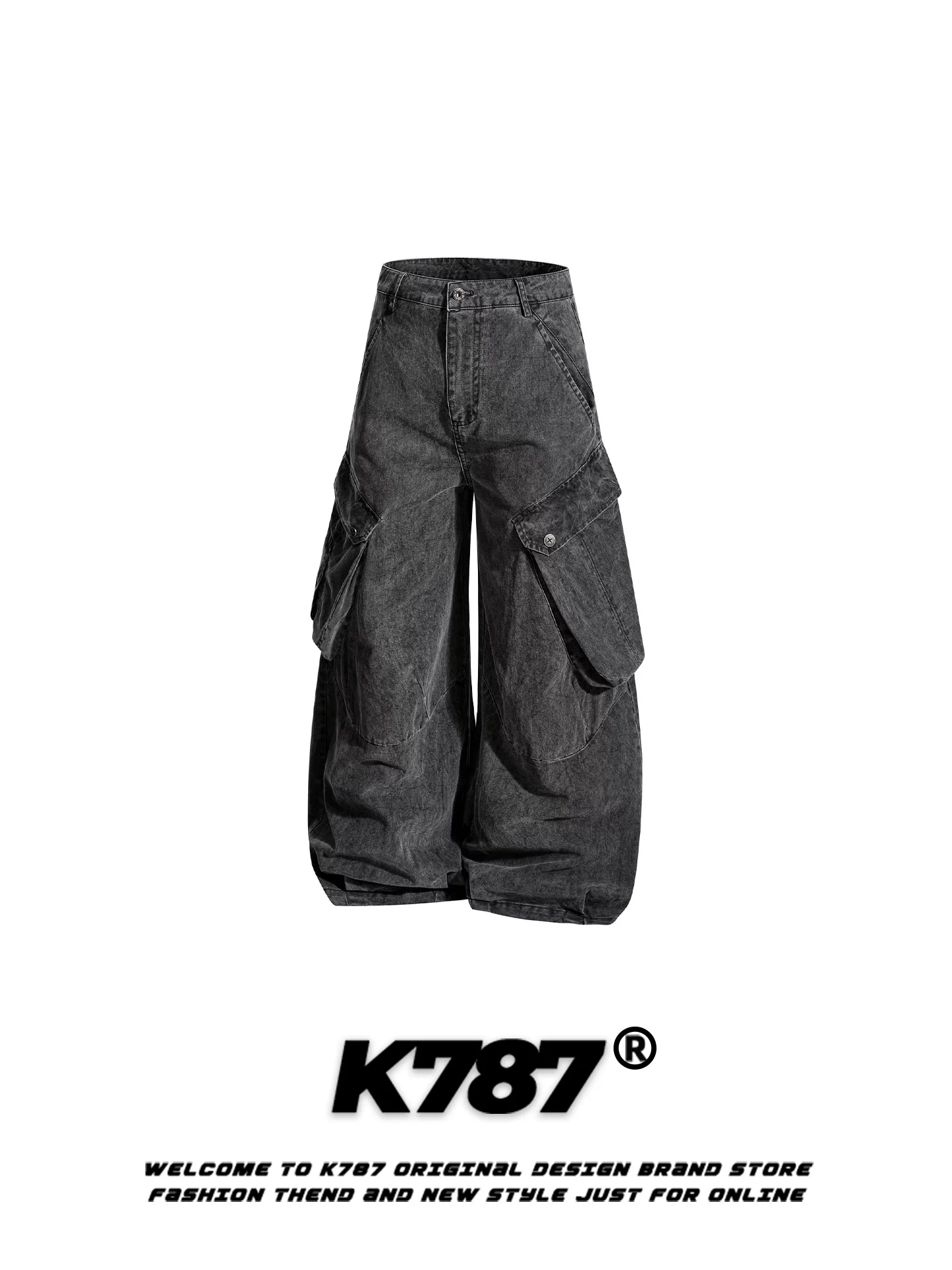 Quần K787 kiểu Mỹ cổ điển, nhiều túi, kiểu cargo, dáng xẻ tà, dành cho nam và nữ, dáng rộng, tôn dáng, cạp cao, dài chấm đất, ống rộng