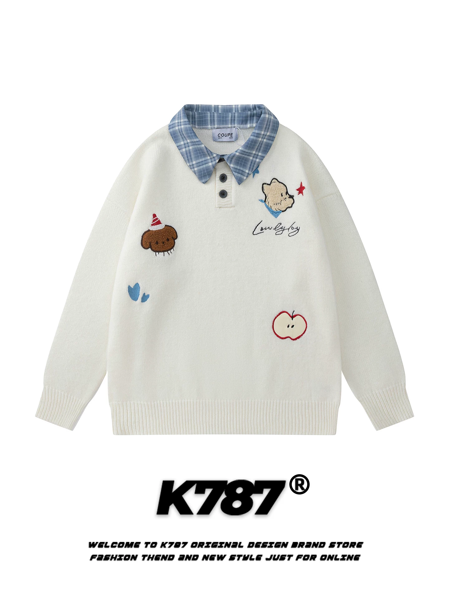 Áo sơ mi POLO thêu hình chú chó kiểu Mỹ K787 dành cho nữ, chất liệu len dệt kim phối họa tiết ca rô, kiểu dáng rộng rãi, phong cách sinh viên, dành cho cặp đôi