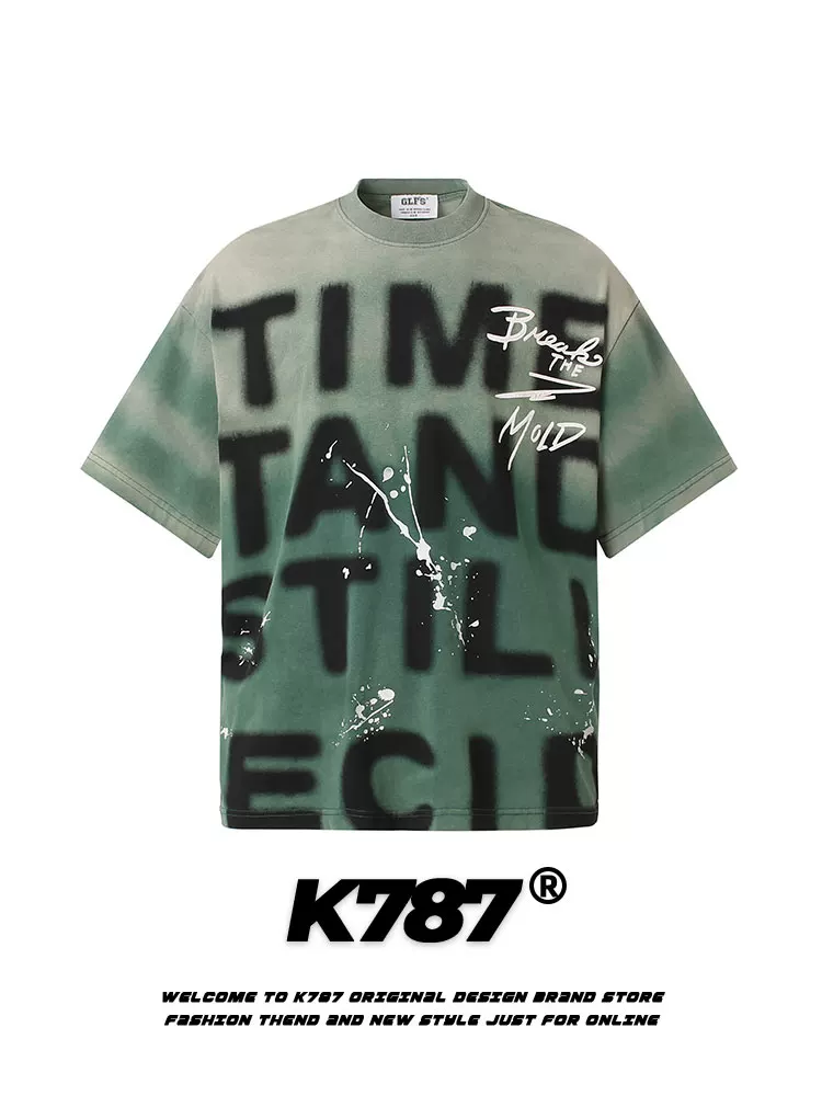 K787 Áo thun ngắn tay họa tiết graffiti phong cách retro Mỹ dành cho nam và nữ áo thun quá khổ áo thun hip-hop dành cho cặp đôi