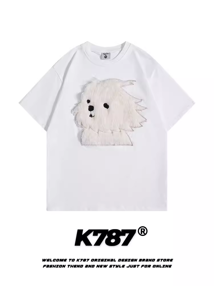 K787 Fun Dog Flocking Áo thun thêu tay ngắn Unisex American Retro College Style 2025 Mùa hè cặp đôi hàng đầu
