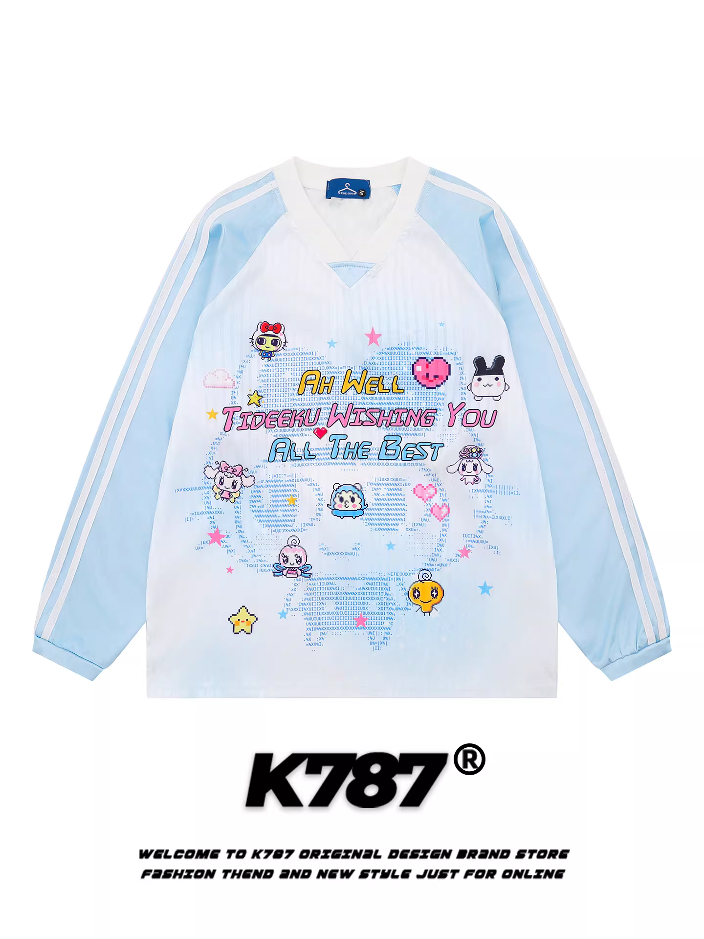 K787 Áo thun dài tay cổ chữ V in hình hoạt hình dễ thương dành cho nam và nữ áo thun sọc rộng phối màu phong cách thể thao áo kiểu giản dị