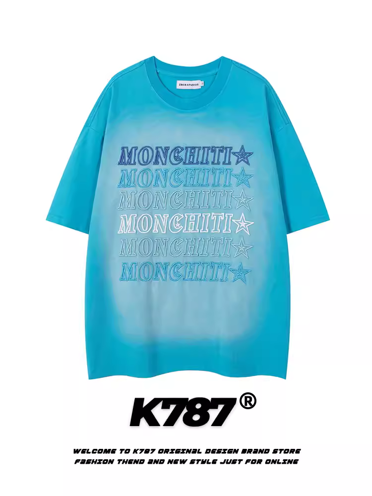 K787 Áo thun ngắn tay thêu chữ theo xu hướng quốc gia cổ điển của Mỹ dành cho nam và nữ hip-hop phun sơn gradient áo đôi
