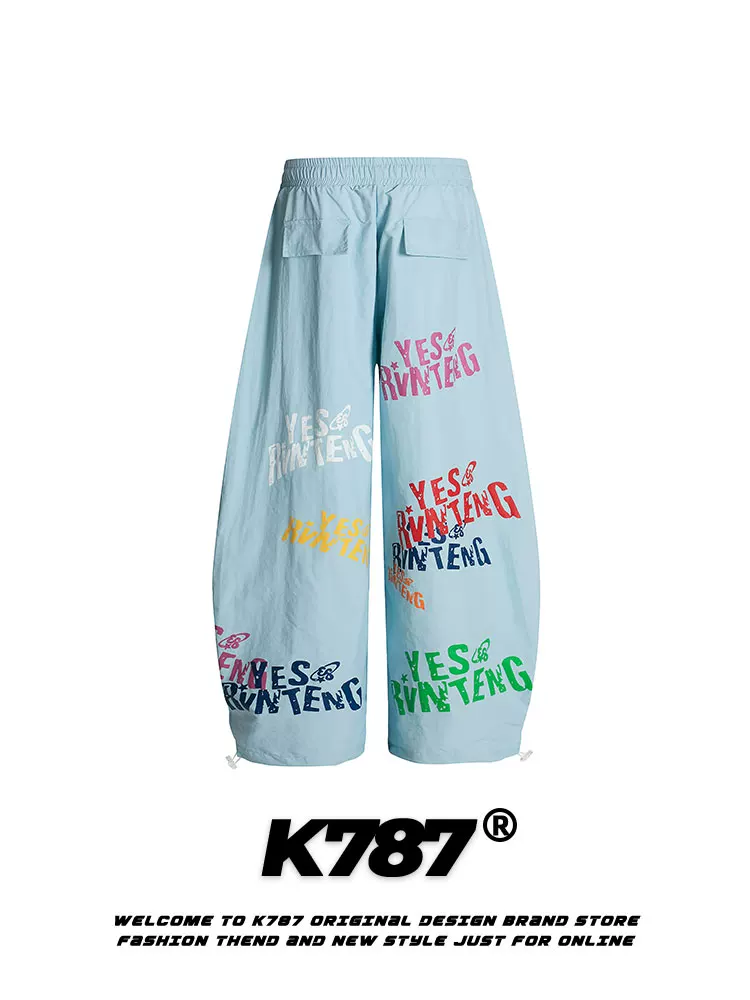 Quần dù ống rộng phong cách graffiti retro Mỹ K787 dành cho nam và nữ, cạp cao, phong cách hip-hop, nhảy đường phố, dáng rộng, thoải mái, kiểu quần scimitar