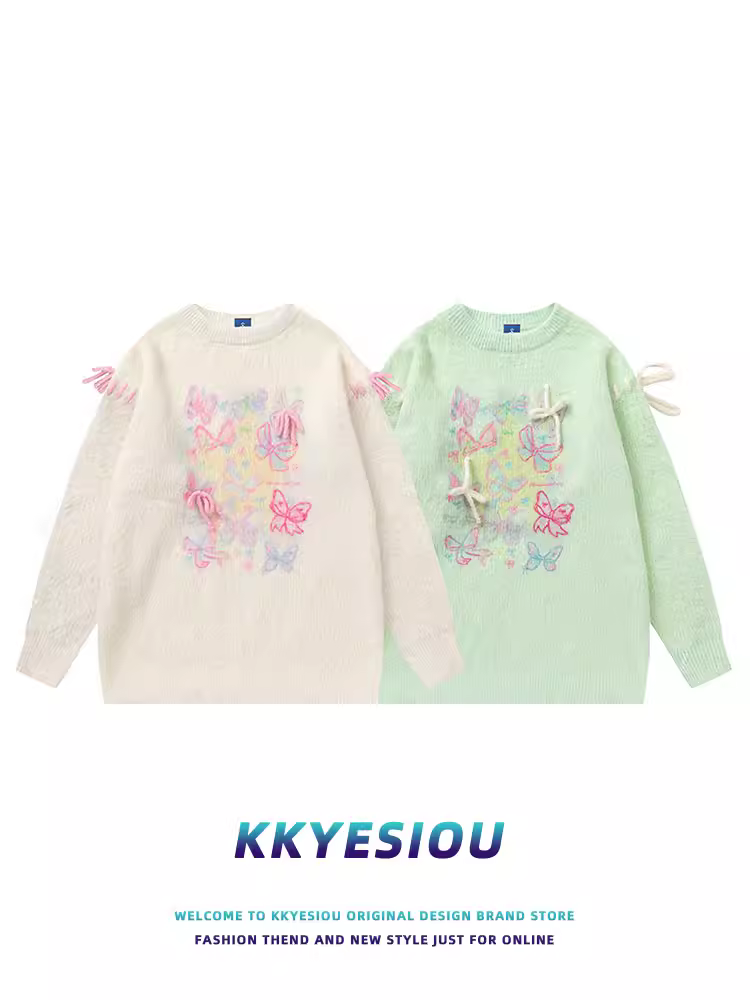 Áo len KKyesiou kiểu Mỹ cổ điển, thắt nơ, ngọt ngào dành cho nam và nữ, dáng rộng, có dây buộc, dành cho cặp đôi