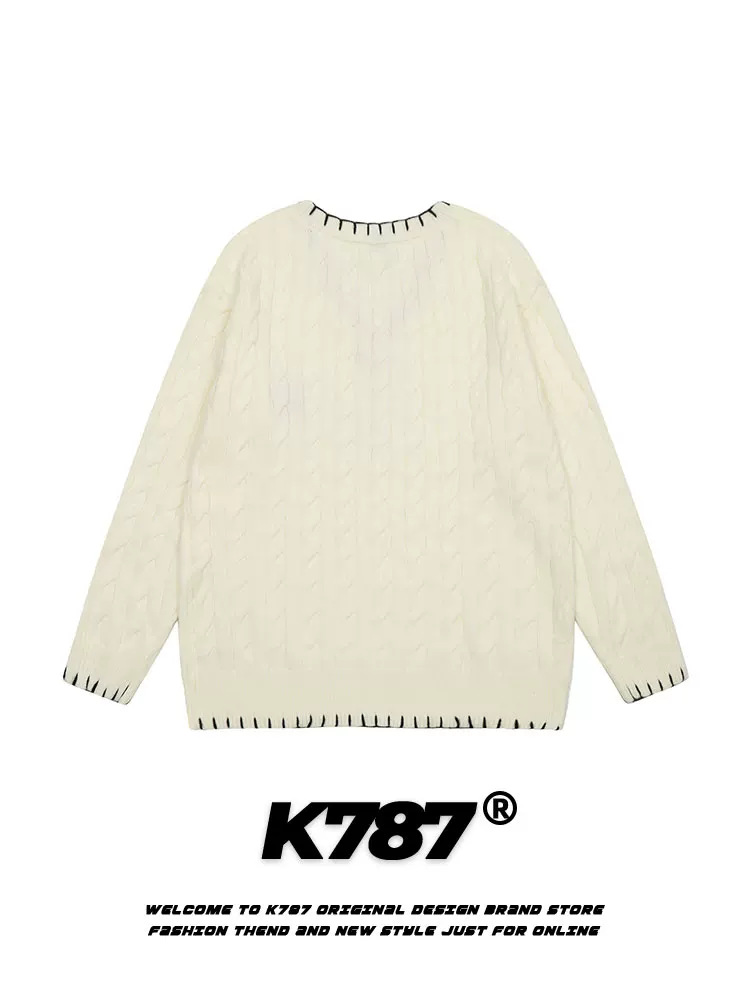 K787 Áo len dệt kim cổ chữ V phong cách retro kiểu Mỹ dành cho nam và nữ, áo len cặp đôi kiểu dáng vui nhộn, nhẹ nhàng, sang trọng