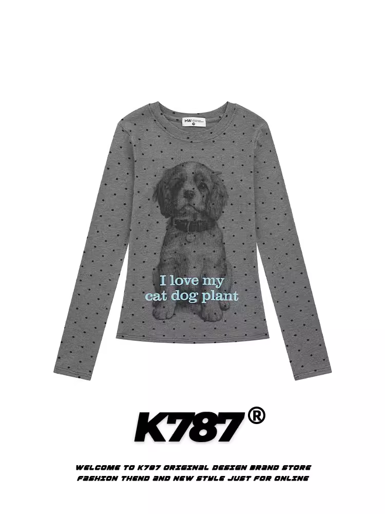 K787 Hot Girl Chấm bi In hình chó con Áo thun dài tay nữ Slim Fit Áo sơ mi ngắn cơ bản hàng đầu
