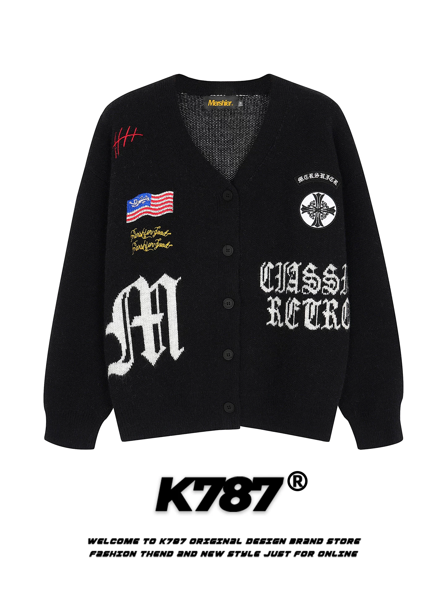 Áo len cardigan cổ chữ V thêu chữ cổ điển Mỹ K787 dành cho nam và nữ, áo khoác dệt kim phong cách lười biếng mùa thu đông dành cho cặp đôi