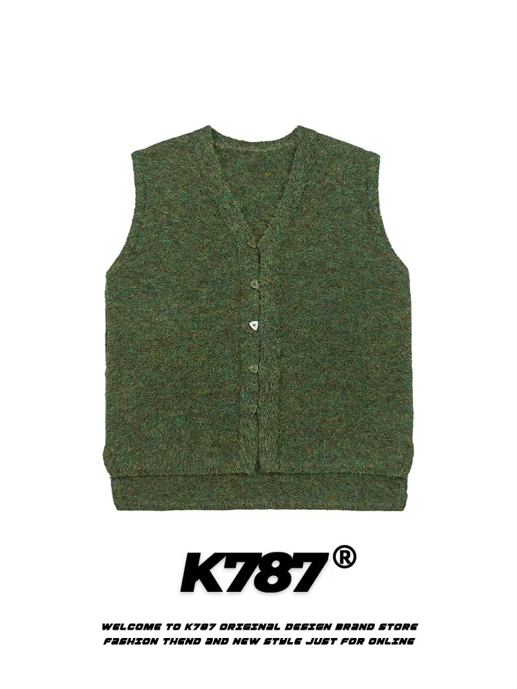 Áo gile dệt kim ngắn, dáng rộng, cổ V, màu trơn đơn giản, phong cách retro Mỹ, unisex, mã K787