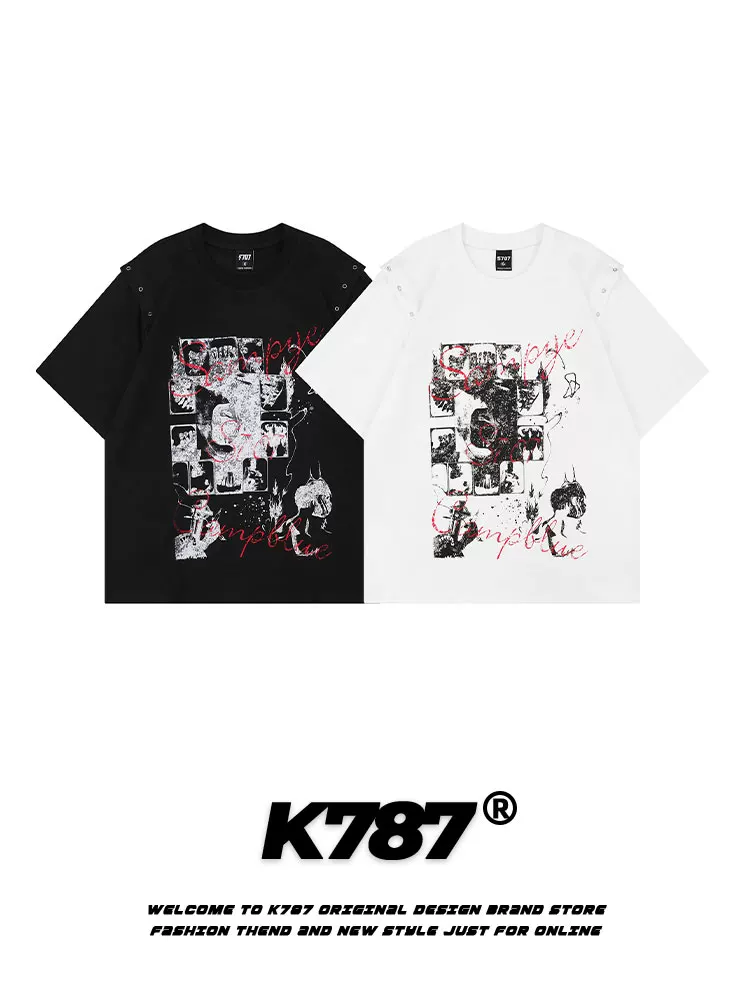 Áo thun ngắn tay K787 kiểu Mỹ cổ điển, họa tiết graffiti, dành cho nam và nữ, có tay áo tháo rời, áo cặp, áo ba lỗ, áo lót.