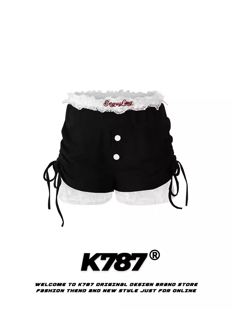 Quần short nữ K787 phong cách Mỹ cổ điển, phối ren, giả hai mảnh, cạp cao, dài ba phần, thiết kế độc đáo, kiểu hot pants