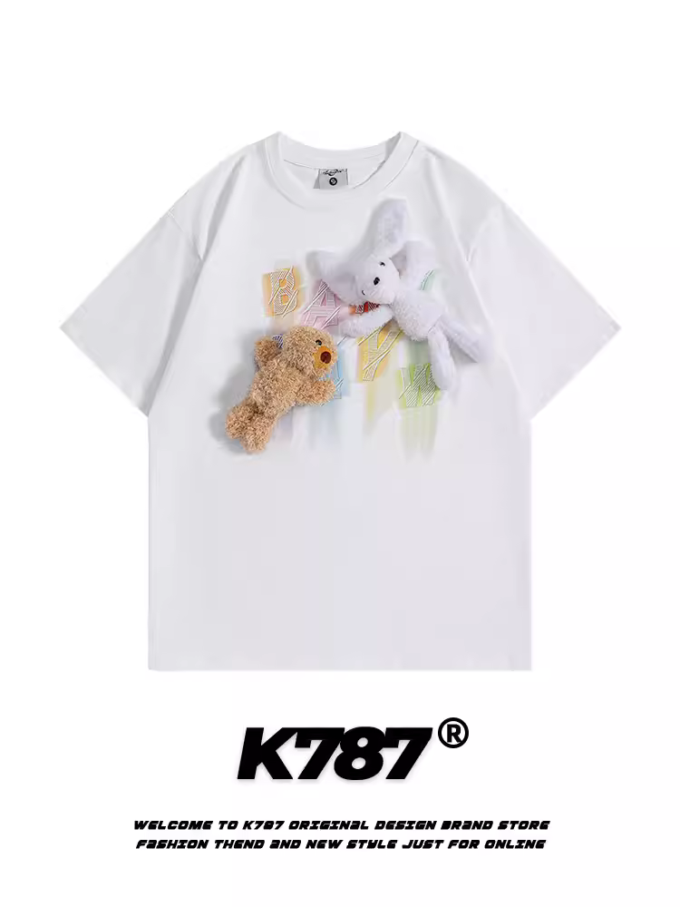 Áo thun ngắn tay có mặt dây chuyền hình thỏ và gấu cổ điển kiểu Mỹ K787 dành cho nam và nữ, áo thun cặp đôi thông thường đa năng phong cách đại học