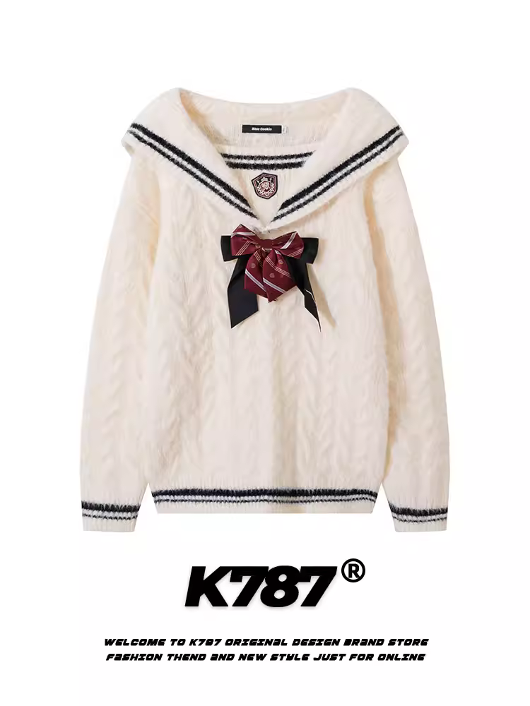 Áo len cổ tròn kiểu Nhật Bản cổ điển K787 dành cho nữ, phong cách vintage sọc, kiểu áo len đại học, áo len đa năng