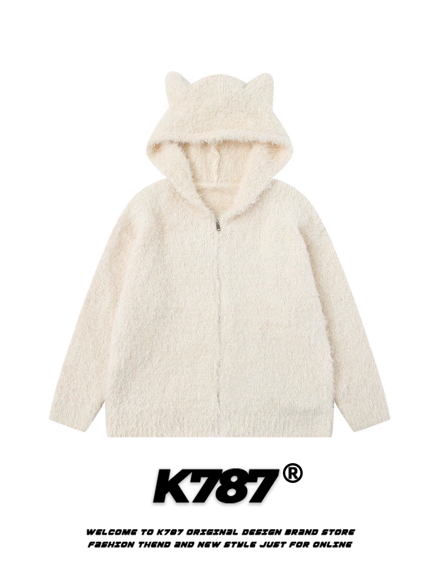 Áo len cardigan có mũ trùm đầu kiểu retro Mỹ K787 dành cho nam và nữ, áo khoác ngắn dáng rộng màu mơ có tai mèo