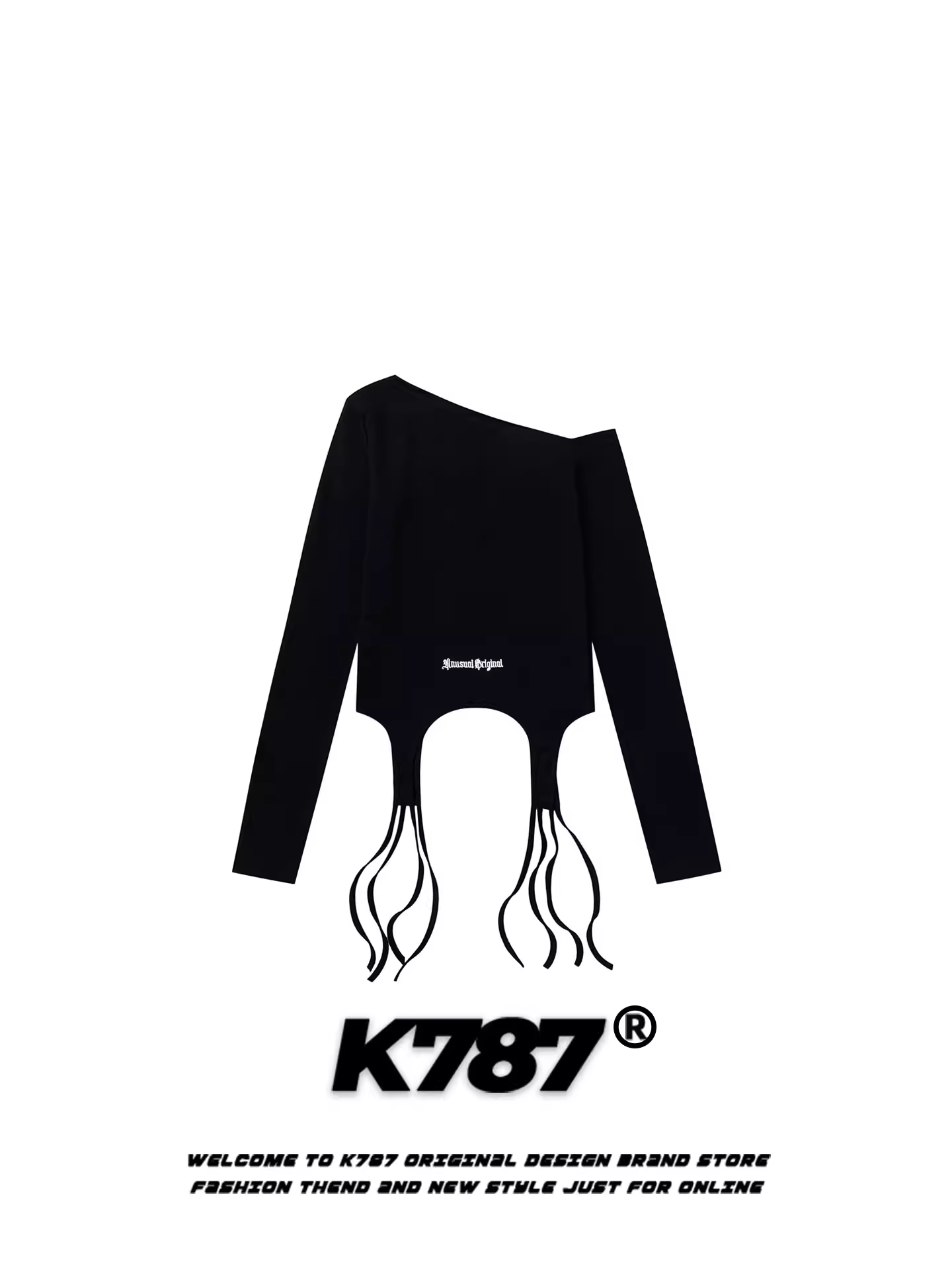 Áo thun nữ tay dài, cổ trễ vai, thêu chữ thập họa tiết K787, kiểu dáng ôm sát, vạt áo bất đối xứng.