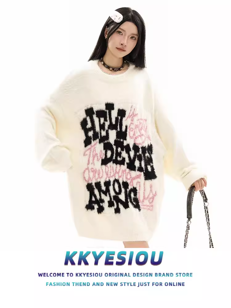 Áo len in hình hoạt hình theo phong cách retro Mỹ của KKyesiou, thiết kế oversize dành cho nam và nữ, áo len đôi.