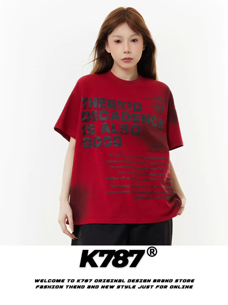 Áo thun ngắn tay in chữ cổ điển kiểu Mỹ K787 dành cho nam và nữ, áo thun cotton nguyên chất đa năng phong cách hip-hop dành cho cặp đôi
