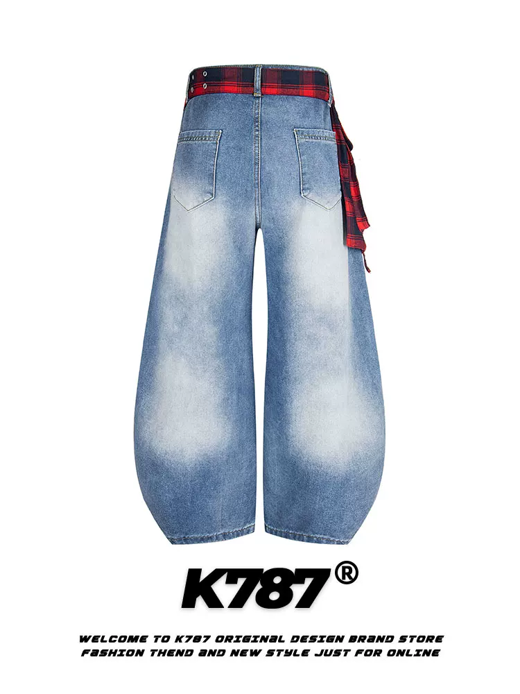 Quần jeans ống rộng dáng suông lưng cao unisex phong cách retro Mỹ, phối họa tiết ca rô, kiểu dáng quần lửng, chất liệu denim, mã K787
