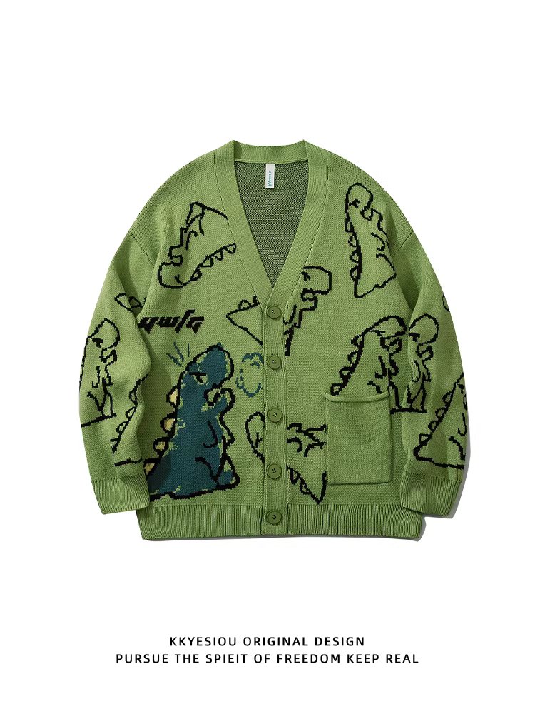 Áo len cardigan khủng long hoạt hình dễ thương kiểu Nhật KKyesiou, unisex, cổ điển, dành cho cặp đôi