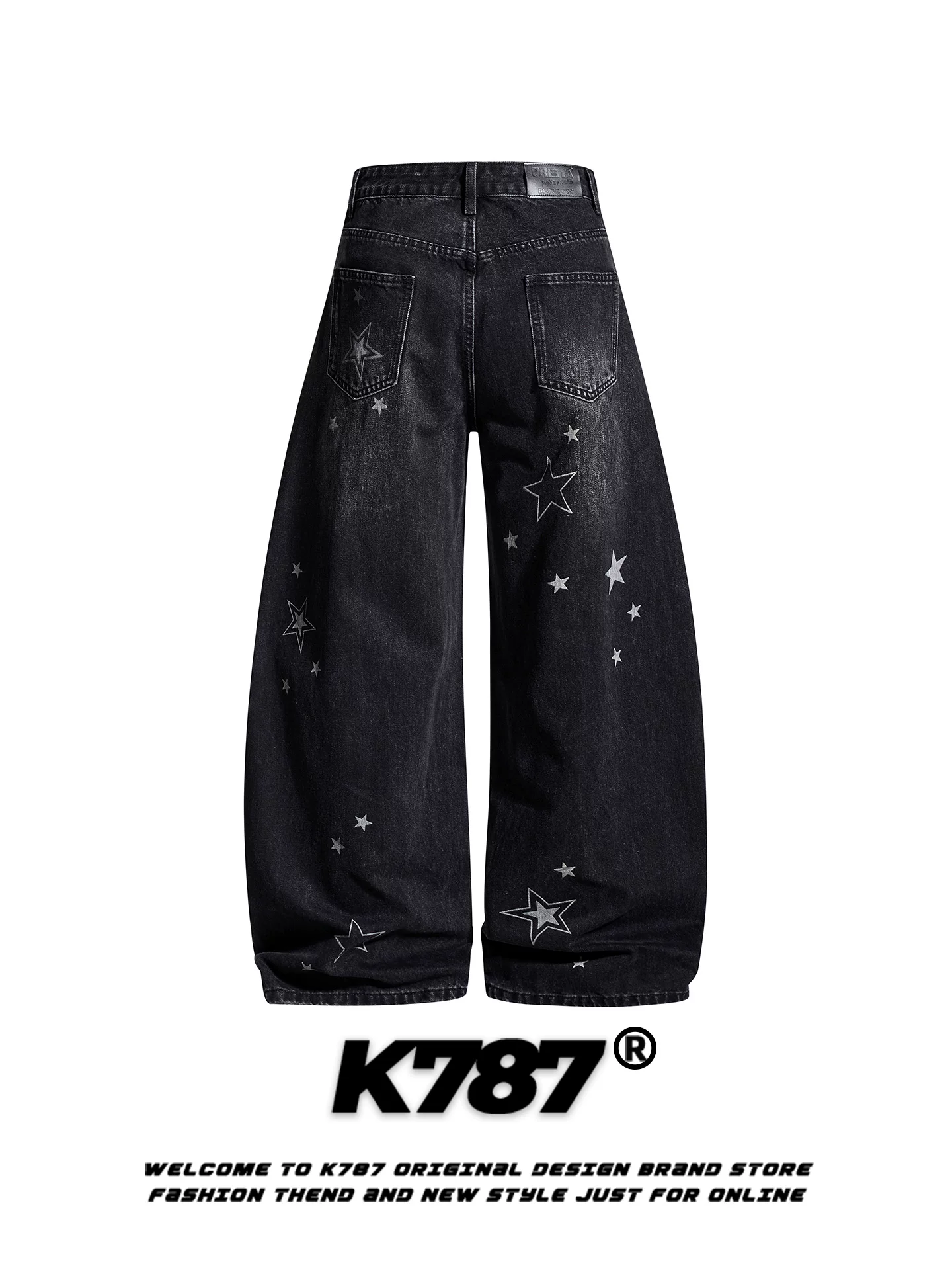 Quần jeans unisex K787 kiểu Mỹ cổ điển, họa tiết sao, rách, dáng rộng, cạp cao, phong cách thường ngày, ống rộng, kiểu dáng thời thượng