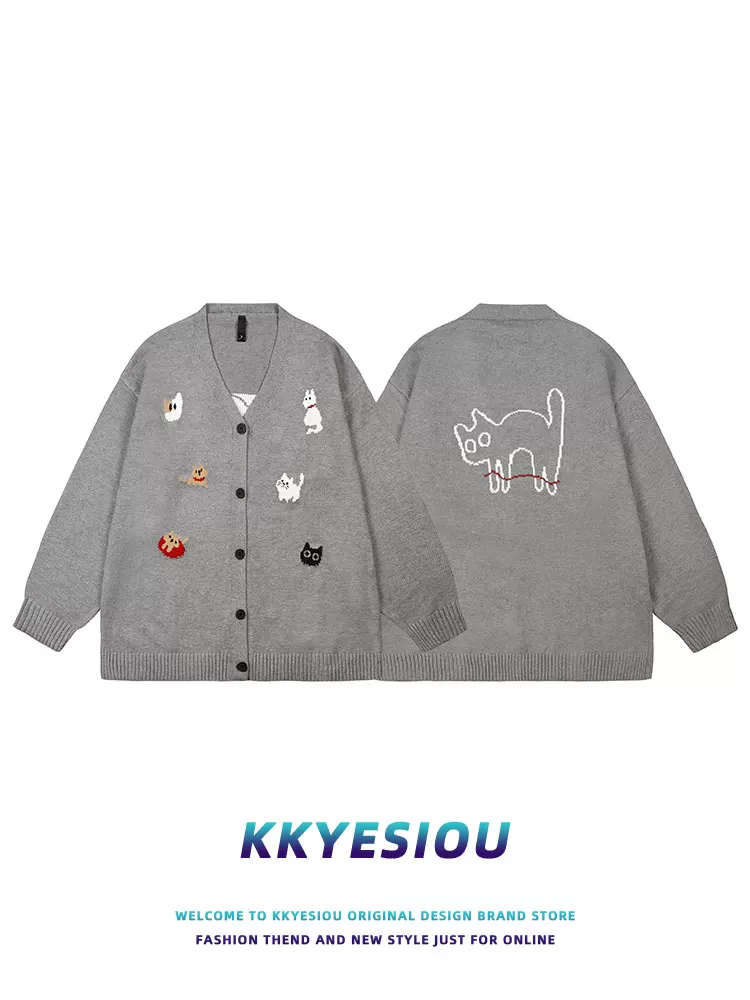 Áo len dệt kim cổ chữ V phong cách Nhật Bản KKyesiou, họa tiết mèo chó hoạt hình, unisex, phong cách đại học, đa năng, áo len thường ngày
