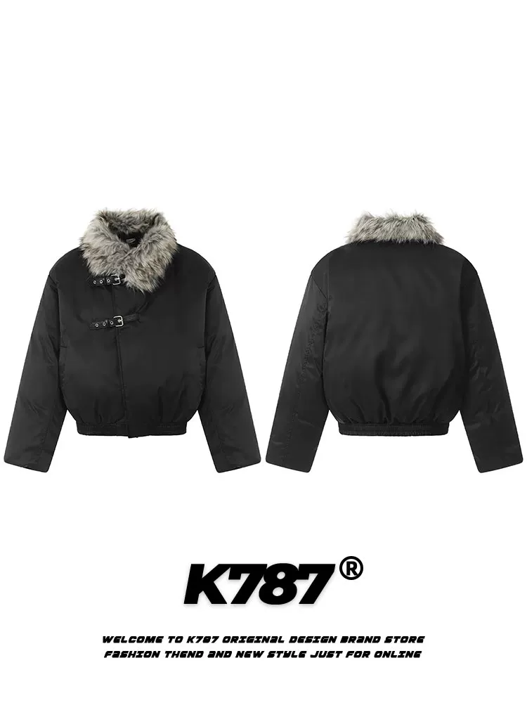 K787 Áo khoác cotton ngắn dày dặn phong cách retro Mỹ dành cho nam và nữ, áo khoác cotton thắt eo phong cách Chanel theo xu hướng quốc gia dành cho mùa đông.