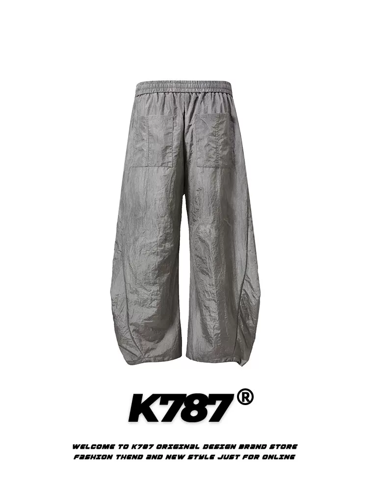 Quần âu nam kiểu dáng túi giấy xếp ly cong phong cách retro Mỹ K787, quần ống rộng dáng suông dây rút phong cách đường phố