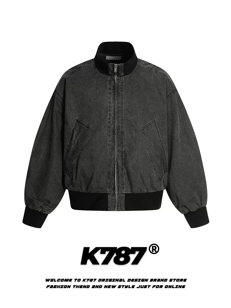 Áo khoác ngắn kiểu đường phố Mỹ K787, chất liệu vintage đã qua xử lý, unisex, dáng ôm, cổ đứng, phong cách biker, áo đôi mùa thu