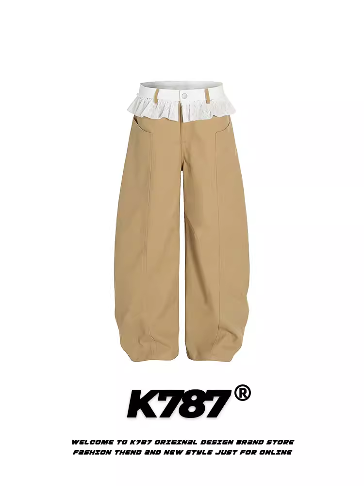 Quần cargo unisex phong cách retro Mỹ, phối ren, kiểu dáng lười, màu trơn, đa năng, chất liệu kaki, dáng thẳng.