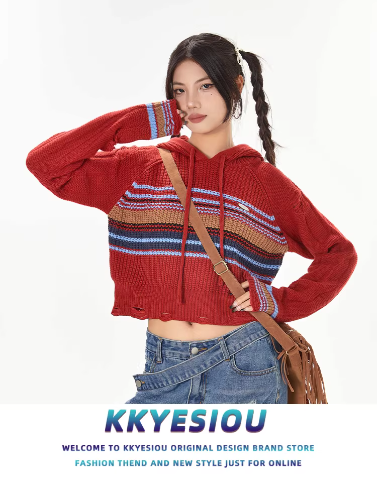 Áo len cặp đôi phong cách retro preppy Mỹ, áo hoodie dệt kim kẻ sọc đỏ dành cho nam và nữ