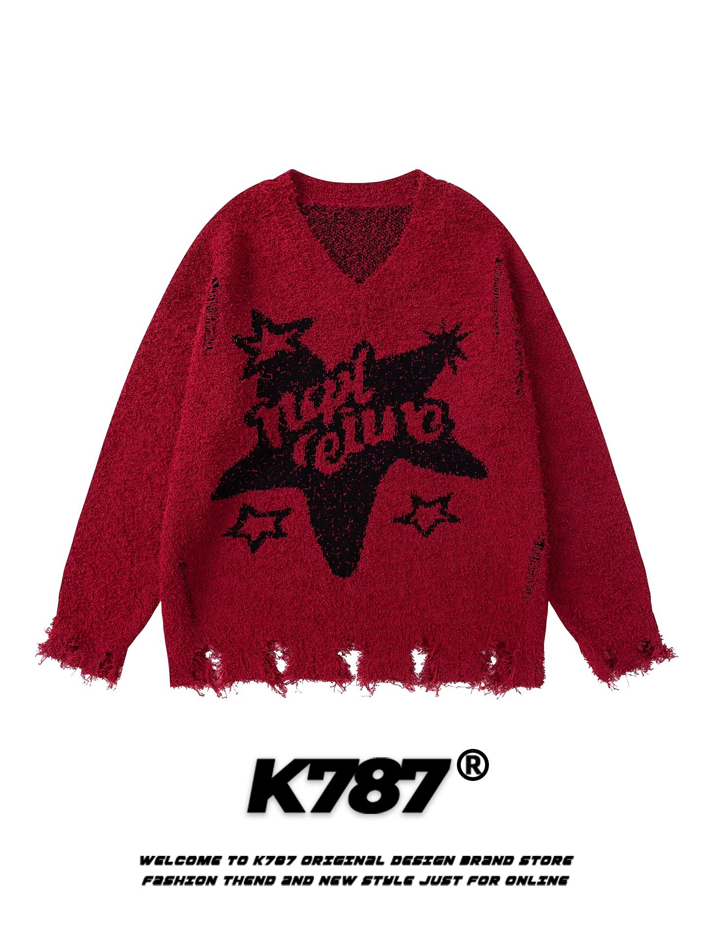 Áo len cổ V phong cách đường phố Mỹ K787 dành cho nam và nữ, viền rách, kiểu đường phố năng động, áo len đỏ