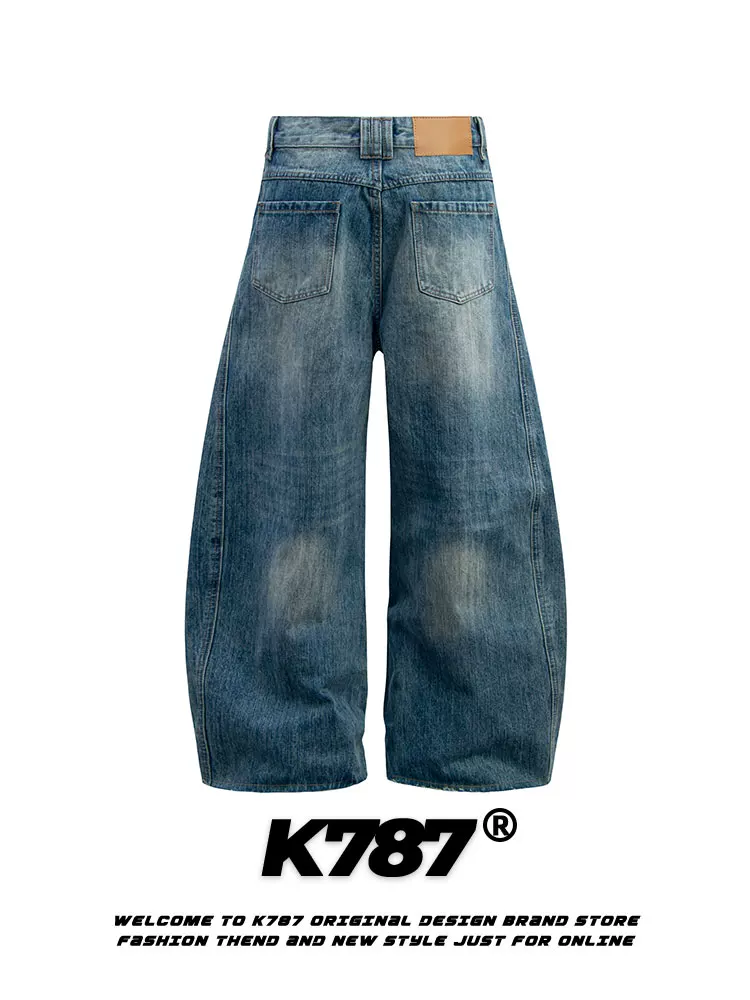 Quần jeans dáng scimitar unisex K787 phong cách retro Mỹ, xu hướng hip-hop, rộng thùng thình, cạp cao, dáng thẳng, phong cách đường phố, chất liệu denim.