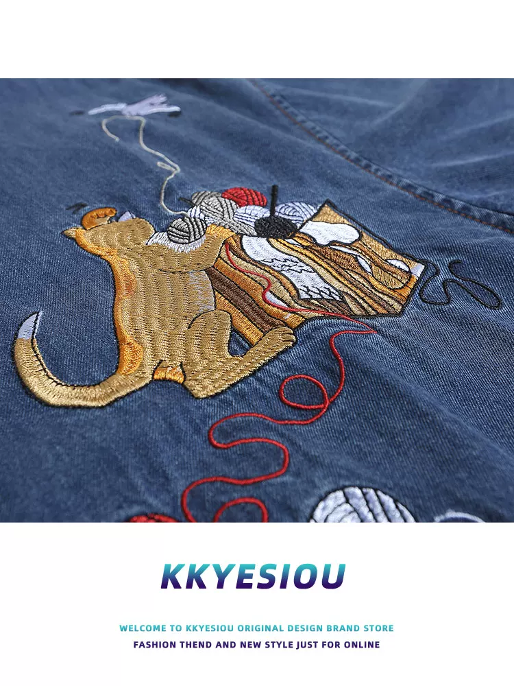 Áo sơ mi ngắn tay thêu hình mèo phong cách thời trang Trung Quốc KKyesiou, unisex, cổ điển, cặp đôi, phong cách y2k, chất liệu denim