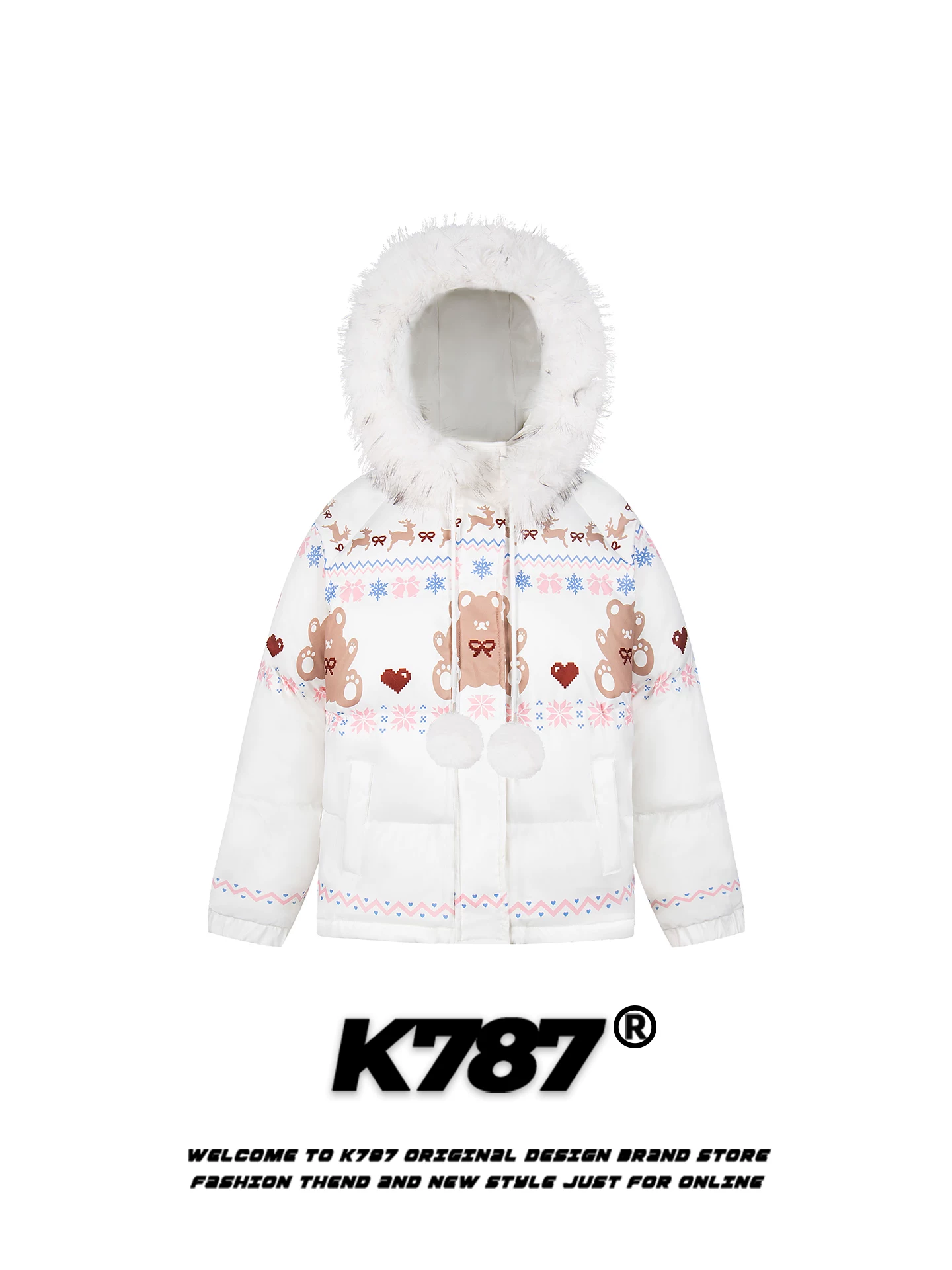 K787 Áo khoác cotton có mũ trùm đầu cổ lông gấu hoạt hình cổ điển của Mỹ dành cho nam và nữ, áo khoác cotton màu hồng dày dặn, rộng rãi, ấm áp