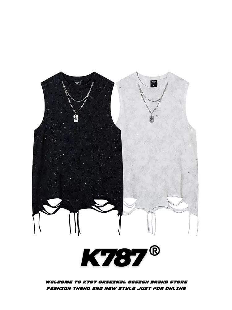 K787 Mỹ retro vòng cổ chắp vá hip-hop bầu trời đầy sao áo ba lỗ unisex quá khổ không tay áo lót áo thun mùa hè