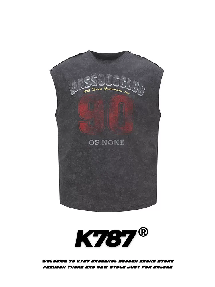 Áo gile không tay unisex phong cách retro Mỹ, in chữ kiểu cũ, phong cách đường phố thể thao, cổ điển K787