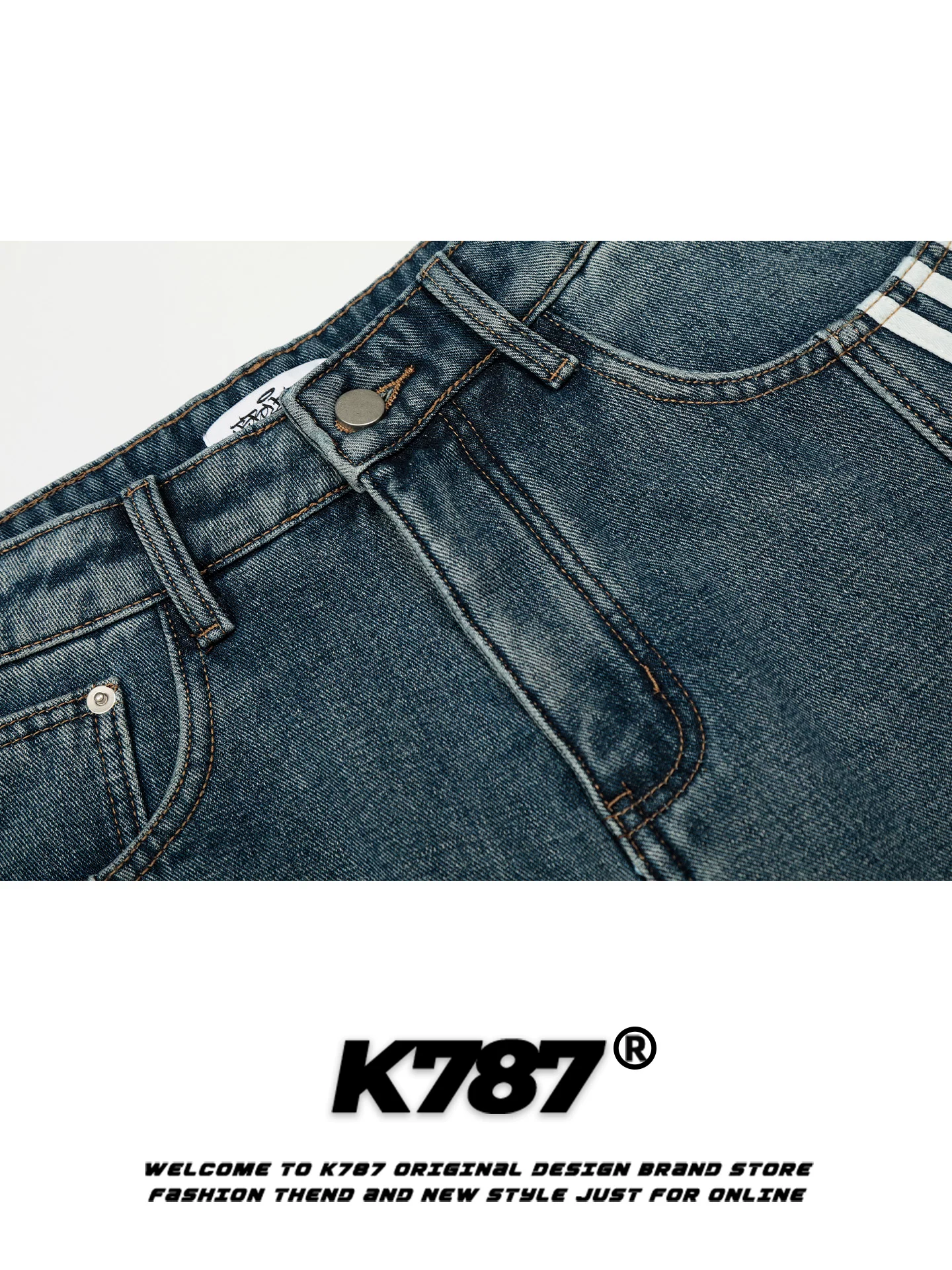 Quần jeans K787 kiểu Mỹ cổ điển, ba sọc, unisex, dáng rộng, thiết kế phá cách, thời thượng, cạp cao, ống rộng, kiểu quần scimitar