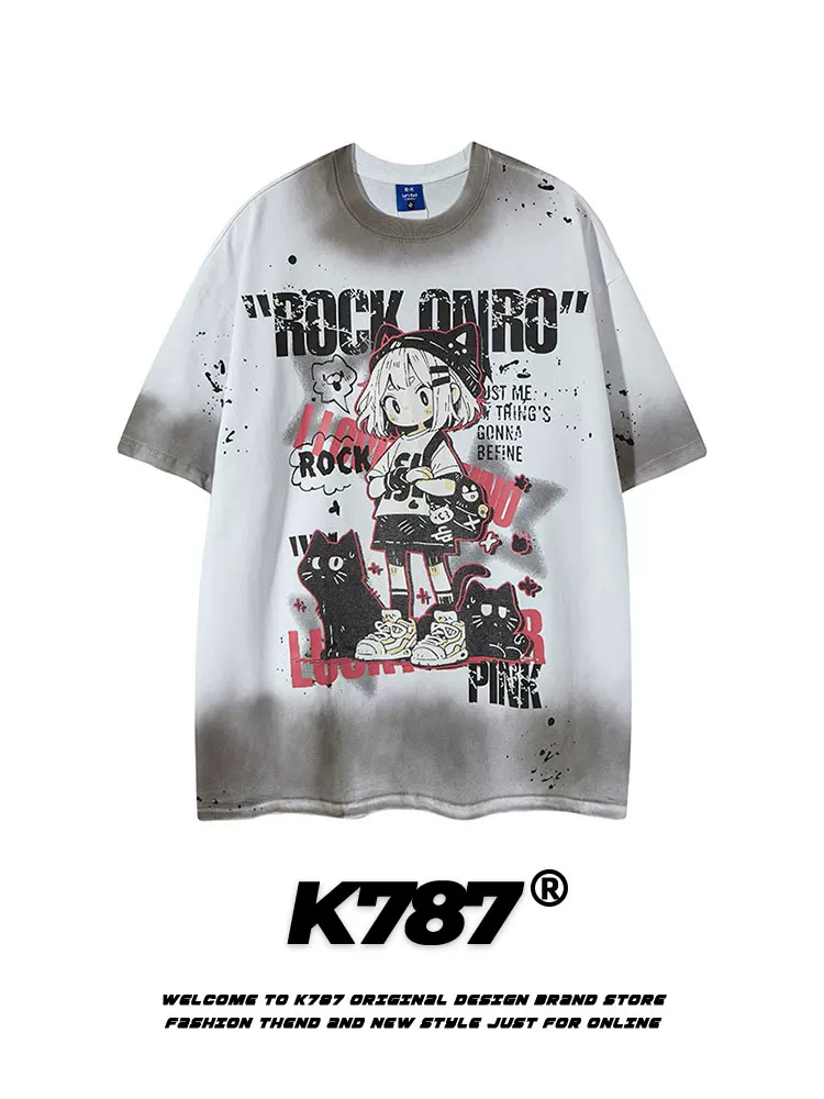 K787 Áo thun ngắn tay phong cách retro hoạt hình vui nhộn hip-hop dành cho nam và nữ có in hình mèo chuyển màu Áo thun cặp đôi