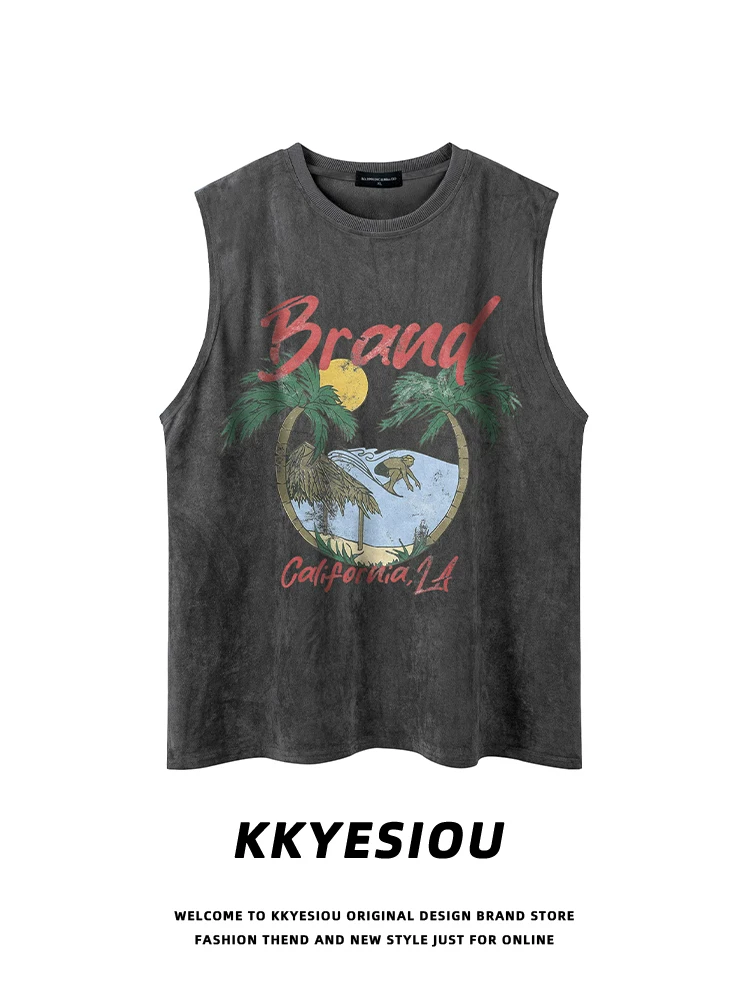 Áo vest in họa tiết phong cách retro Mỹ KKyesiou, chất liệu da lộn, unisex, thời trang, thương hiệu nổi tiếng, áo thun cặp đôi.