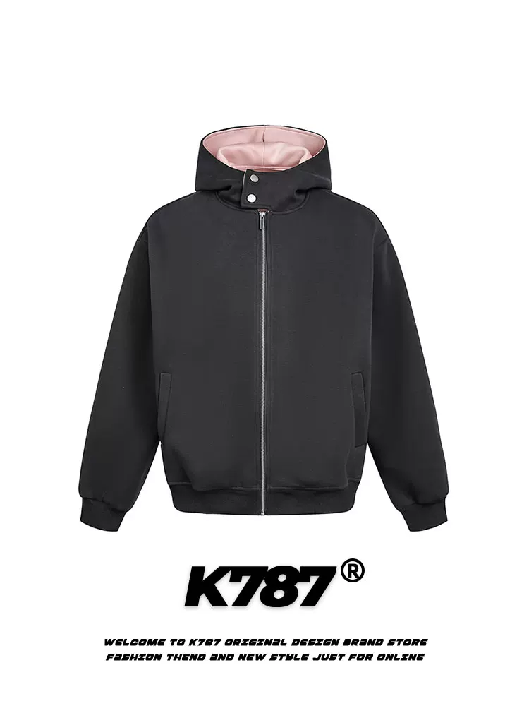 Áo khoác có mũ trùm đầu màu trơn phong cách retro Mỹ K787 dành cho nam và nữ, áo khoác cardigan dáng rộng đa năng hợp thời trang