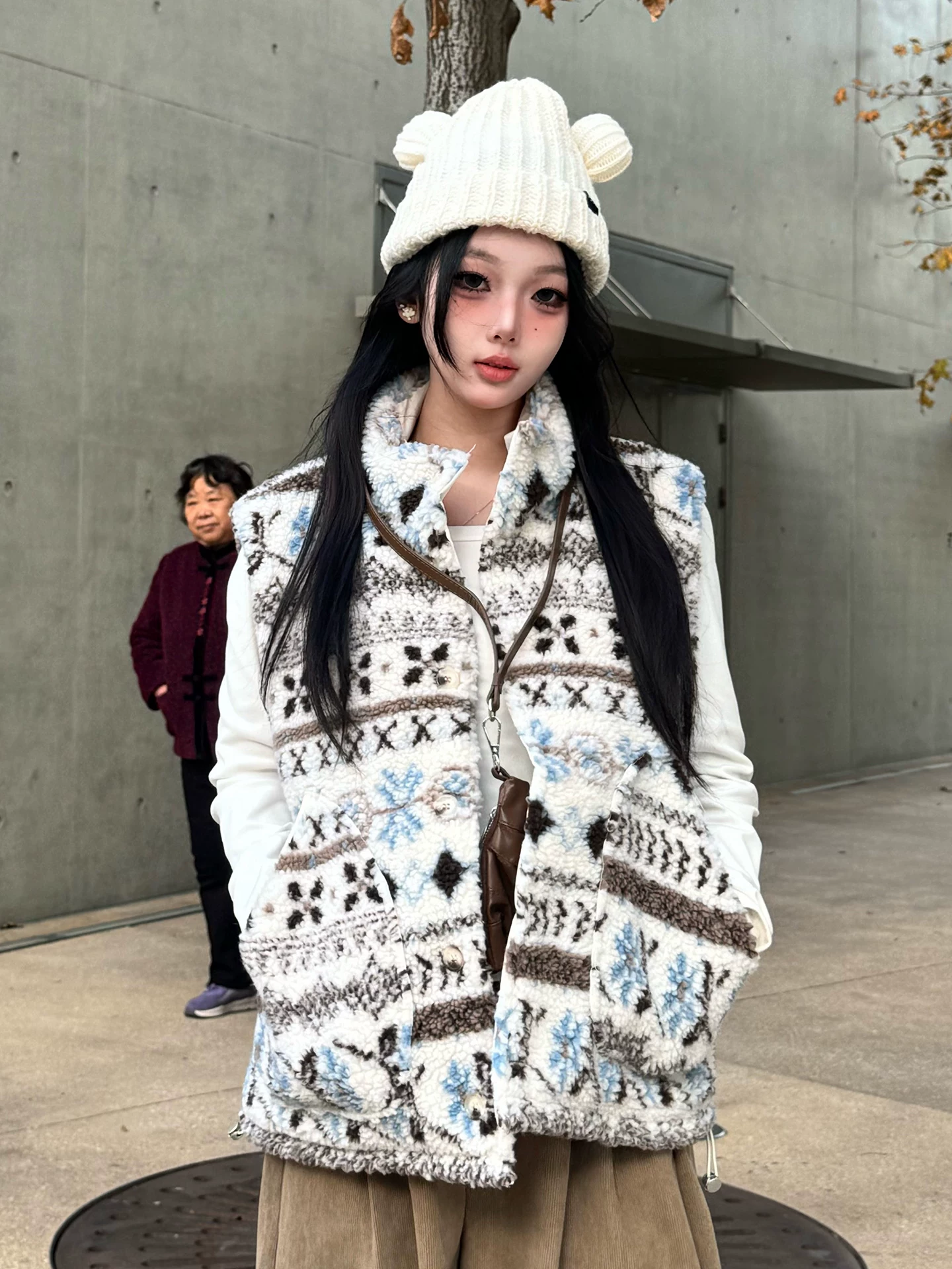 Áo vest K787 kiểu Mỹ cổ điển Fair Isle có thể mặc hai mặt dành cho nam và nữ, phối màu, dày dặn, ấm áp, họa tiết bông tuyết chó, thích hợp cho mùa đông.