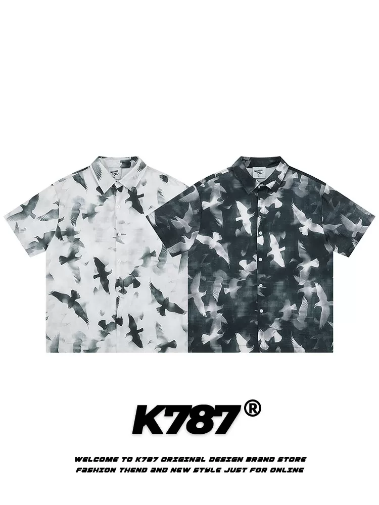 K787 nghệ thuật in hình chim bồ câu hòa bình đi biển áo sơ mi ngắn tay giản dị unisex phong cách đường phố Mỹ áo cardigan đa năng nửa tay