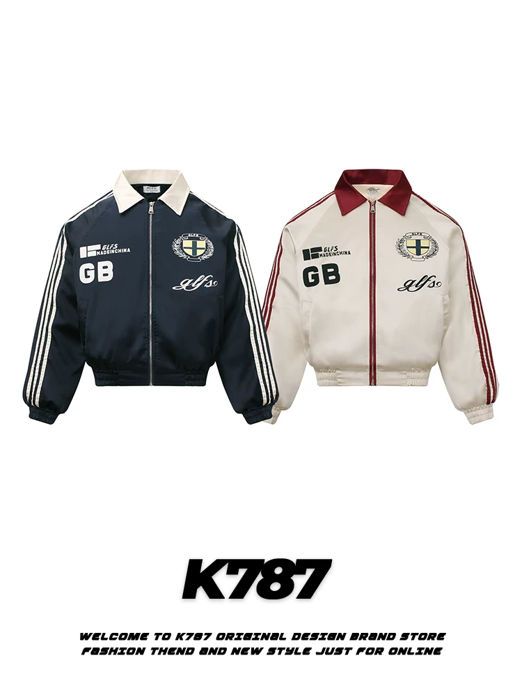 Áo khoác cotton dày dặn kiểu dáng cổ điển Mỹ K787, kẻ sọc, may chần bông, unisex, phong cách biker, thêu họa tiết, áo khoác đôi mùa đông