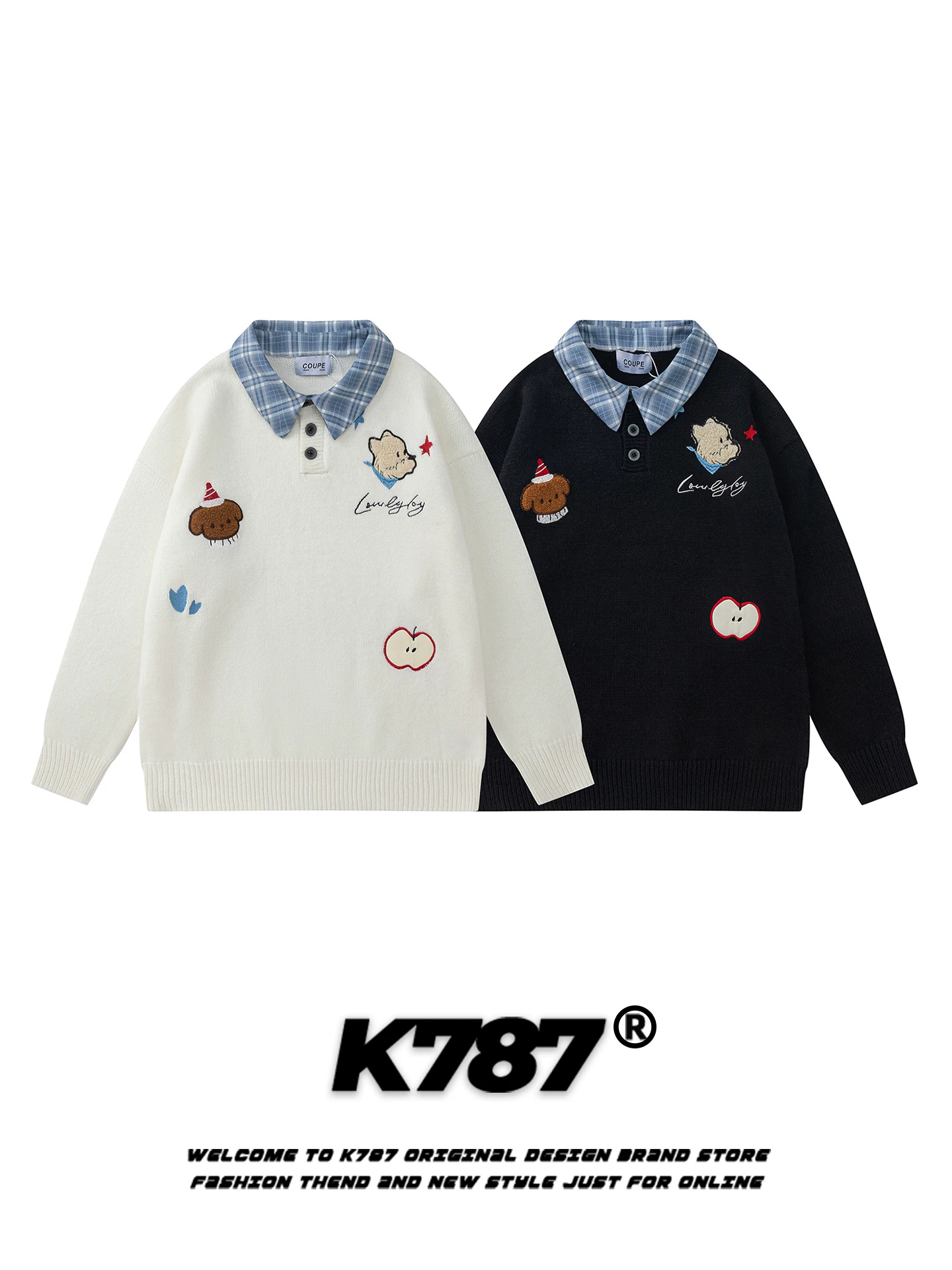Áo sơ mi POLO thêu hình chú chó kiểu Mỹ K787 dành cho nữ, chất liệu len dệt kim phối họa tiết ca rô, kiểu dáng rộng rãi, phong cách sinh viên, dành cho cặp đôi