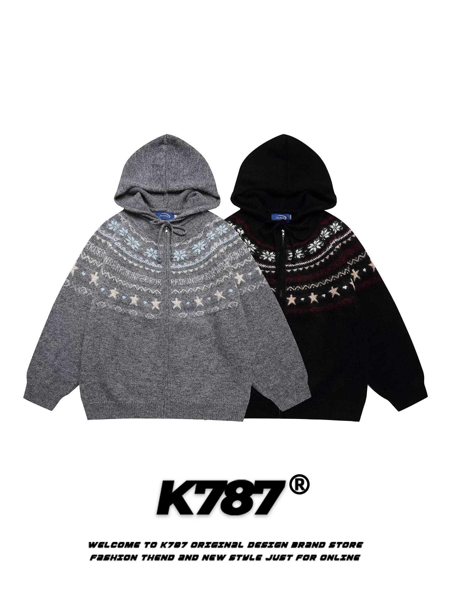 Áo len cardigan có mũ trùm đầu kiểu Mỹ cổ điển K787, họa tiết Fair Isle dệt jacquard, dành cho nam và nữ, kiểu dáng rộng rãi, thoải mái, thích hợp đi làm.