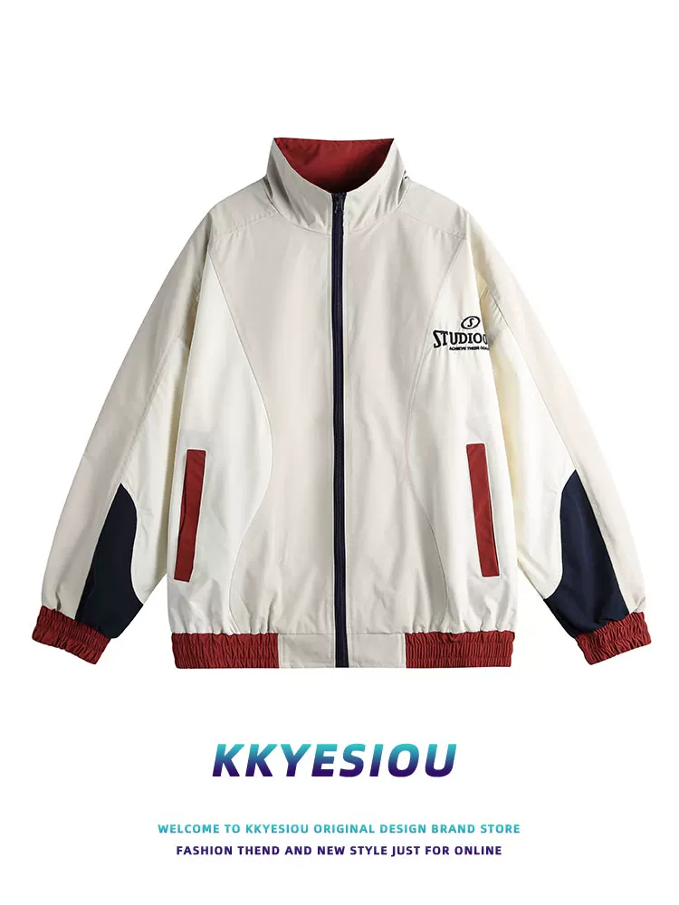 Áo khoác cổ đứng phong cách retro Mỹ của KKyesiou dành cho nam và nữ, áo khoác cặp đôi phong cách thể thao năng động, phong cách trường học