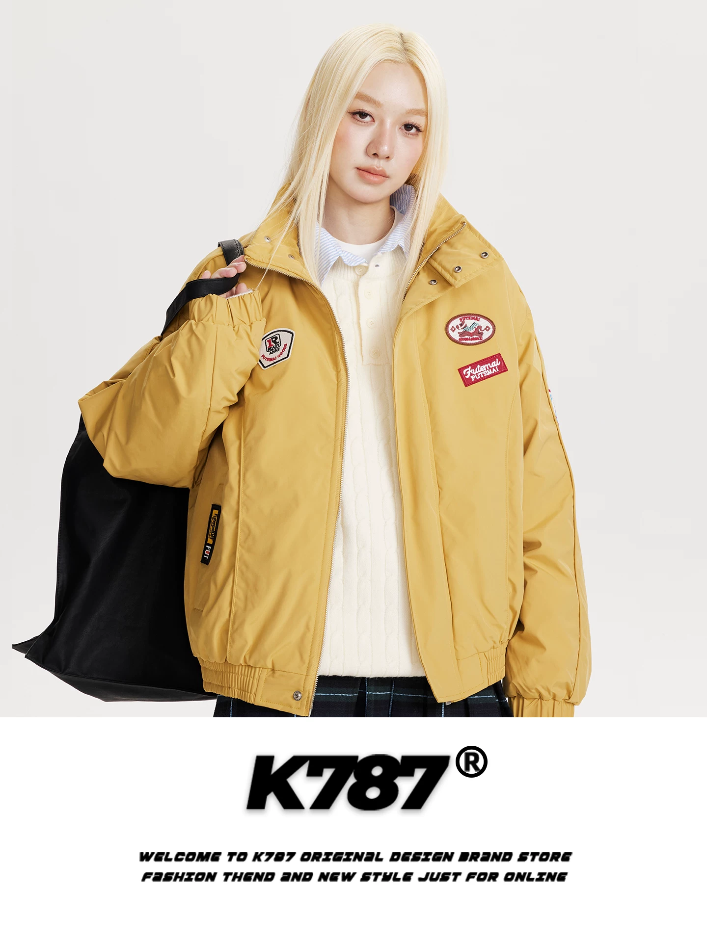 Áo khoác cotton cổ đứng thêu họa tiết ghép mảnh kiểu Mỹ cổ điển K787 dành cho nam và nữ, áo khoác cotton ấm áp thời trang mùa đông dành cho cặp đôi