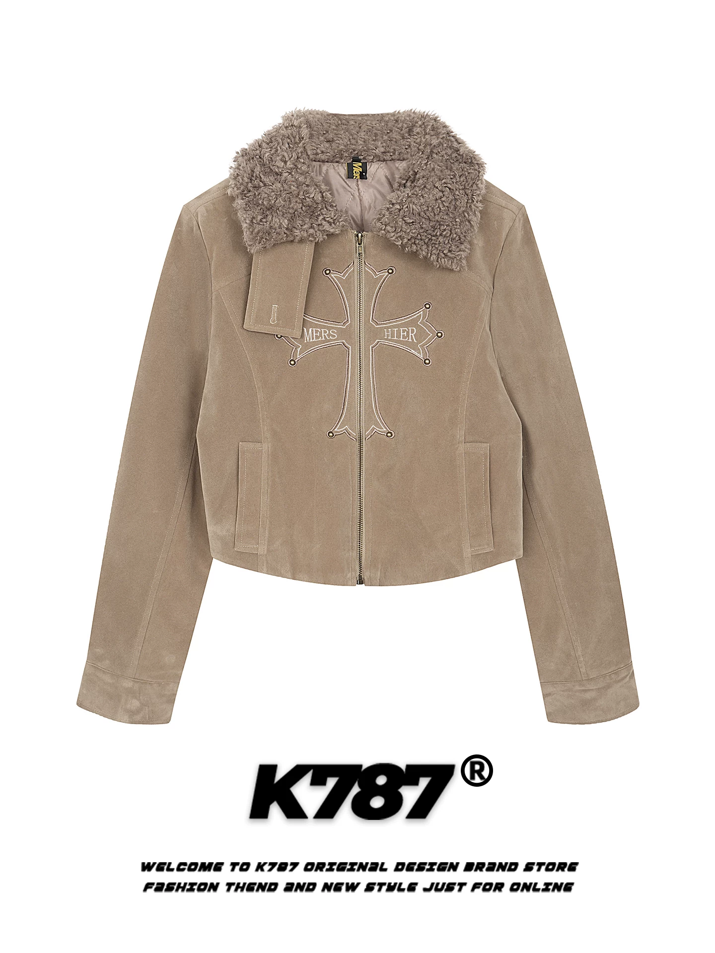 Áo khoác cotton cổ lông đính cườm kiểu Mỹ cổ điển K787 dành cho nữ, ấm áp và dày dặn, áo khoác cotton ngắn phong cách Gothic cho mùa đông.