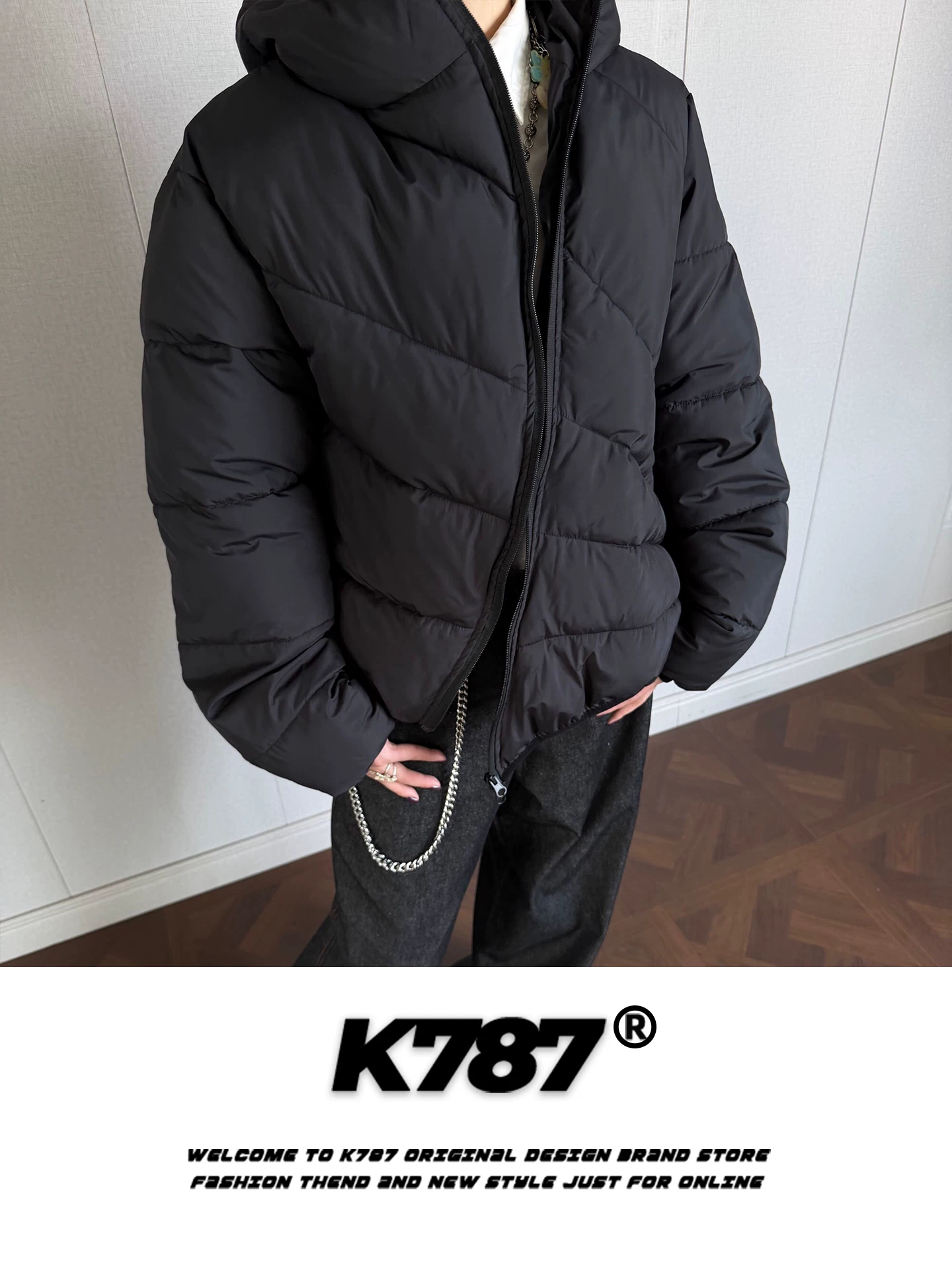 Áo khoác cotton có mũ trùm đầu, khóa kéo chéo, kiểu dáng cổ điển Mỹ K787 dành cho nam, áo khoác cotton dày dặn, ấm áp, kiểu dáng rộng rãi, thoải mái, thích hợp cho cặp đôi.