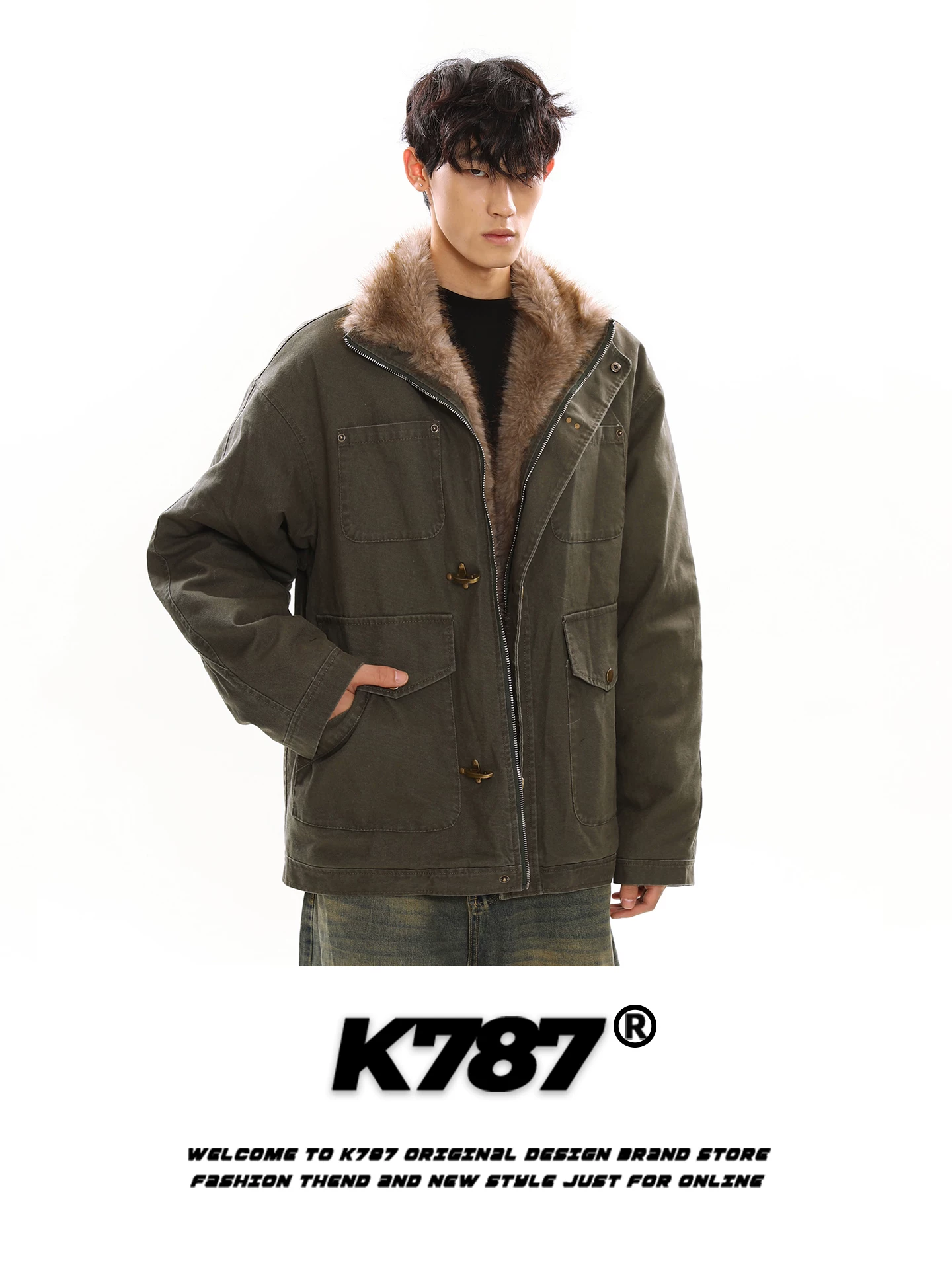 Áo khoác cotton có mũ trùm đầu phong cách retro Mỹ K787 dành cho nam và nữ với nhiều túi, áo khoác cotton dày và ấm áp.